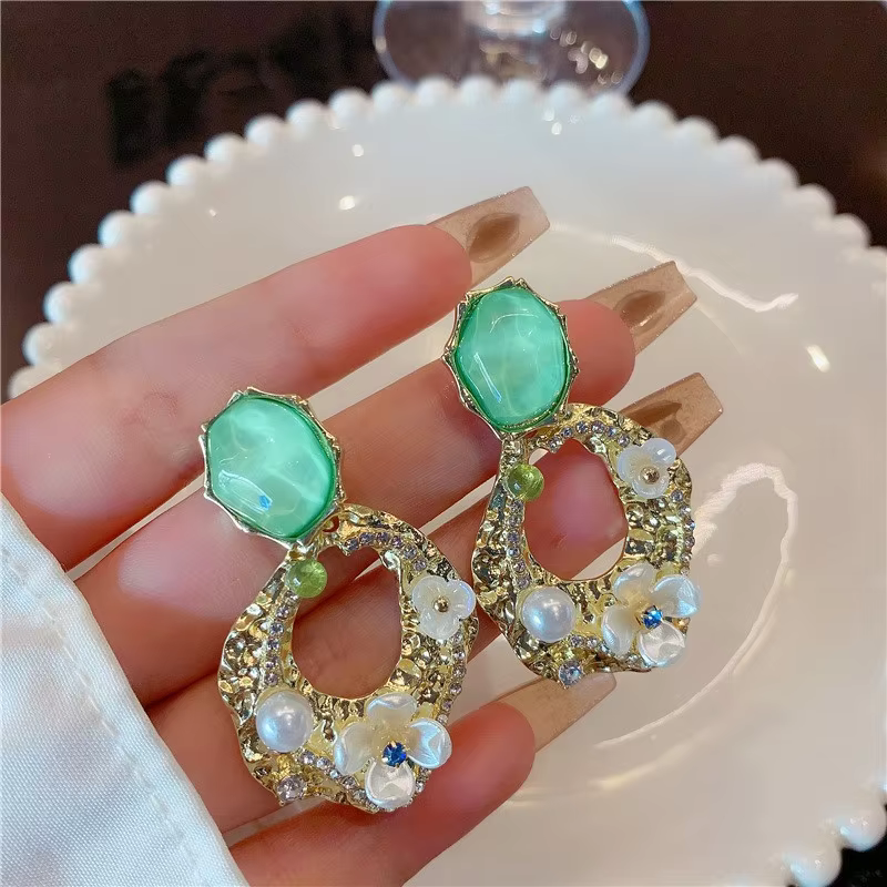 Green Gemstone Floral Earrings