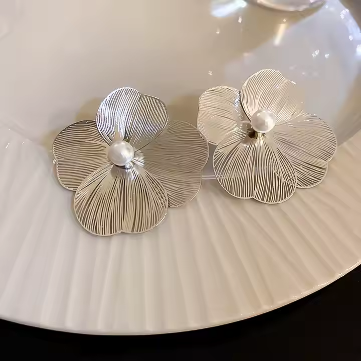 Elegant Pearl Silver Floral Earrings