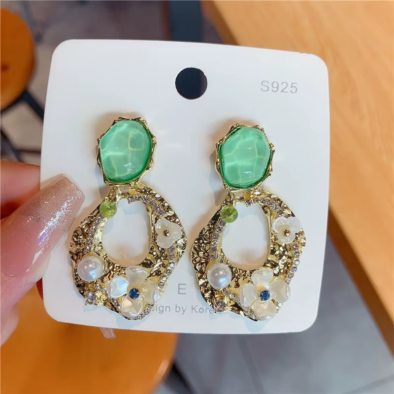 Green Gemstone Floral Earrings