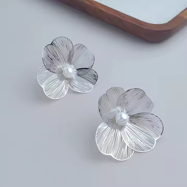 Elegant Pearl Silver Floral Earrings