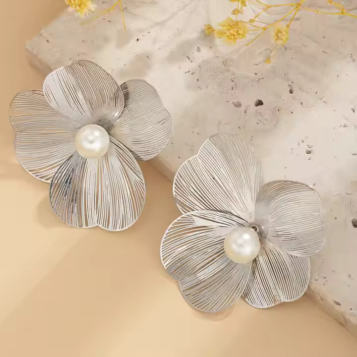 Elegant Pearl Silver Floral Earrings
