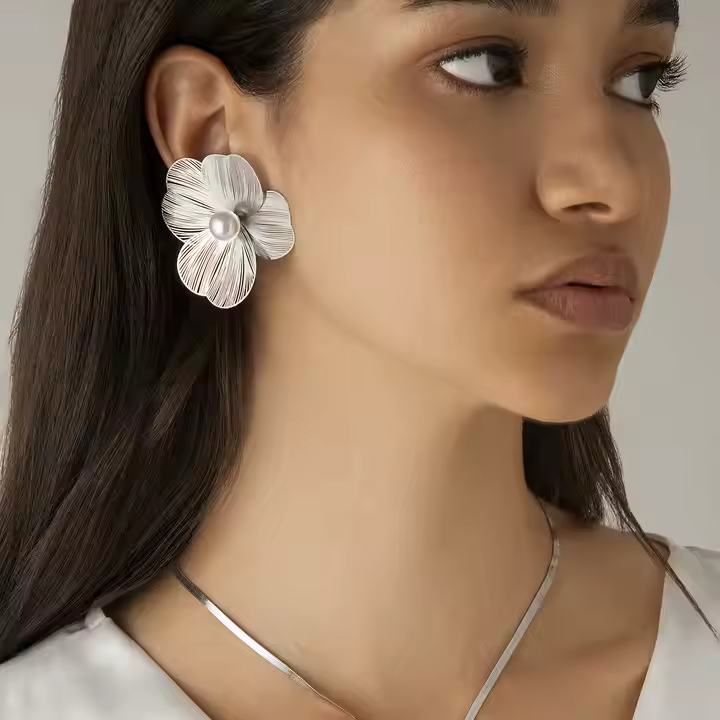 Elegant Pearl Silver Floral Earrings