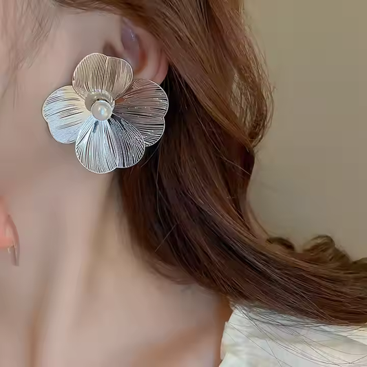 Elegant Pearl Silver Floral Earrings