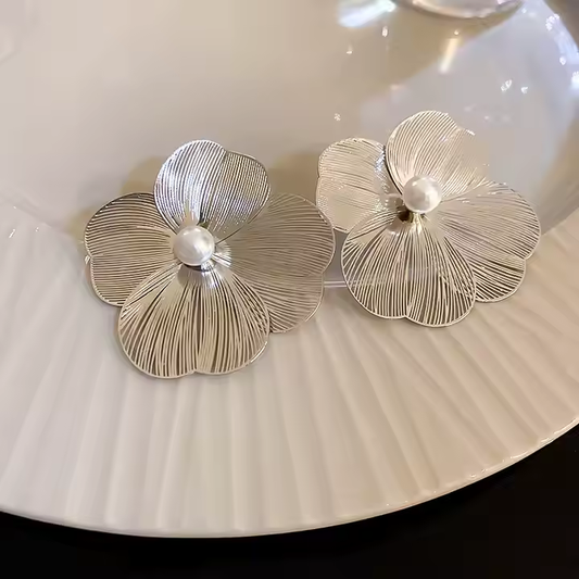 Elegant Pearl Silver Floral Earrings