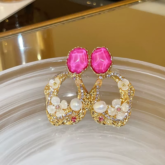 Elegant Pearl and Pink Gem Earrings