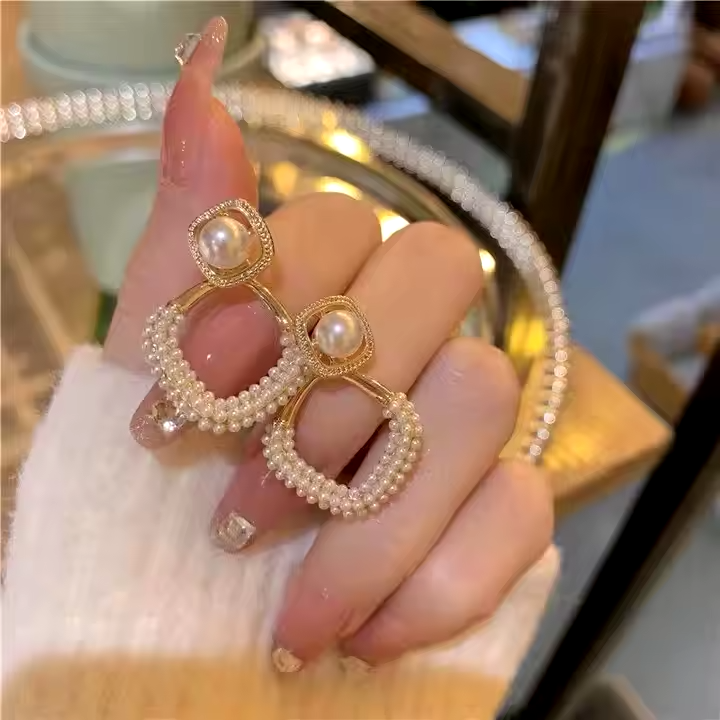 Pearl Geometric Drop Earrings