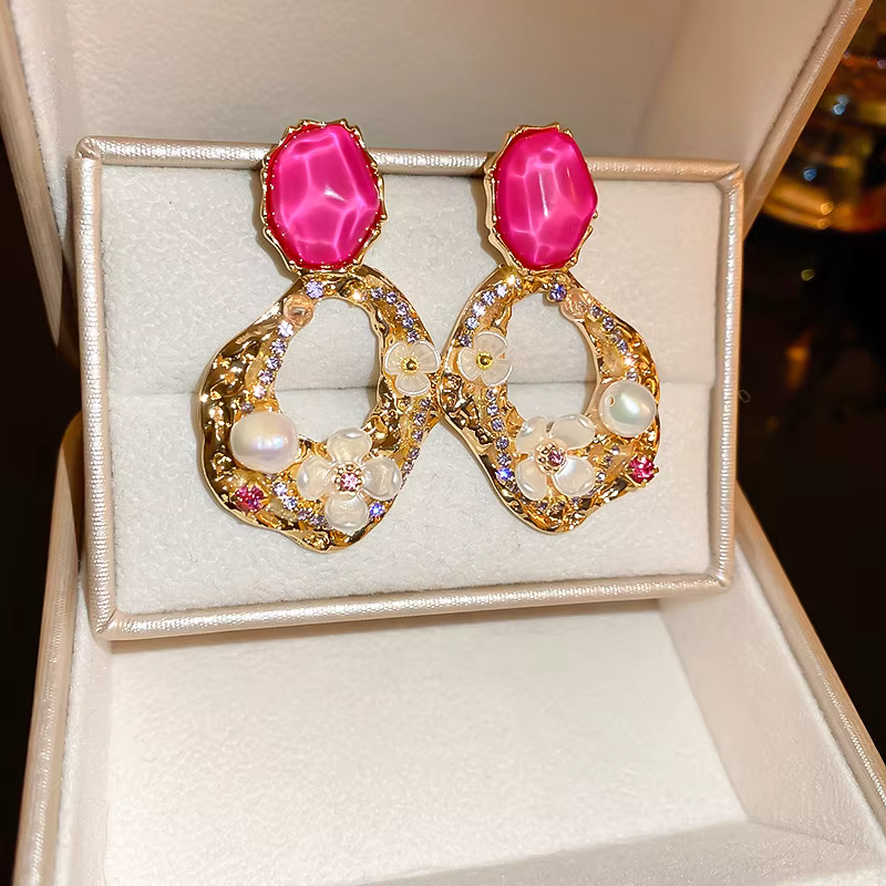 Elegant Pearl and Pink Gem Earrings