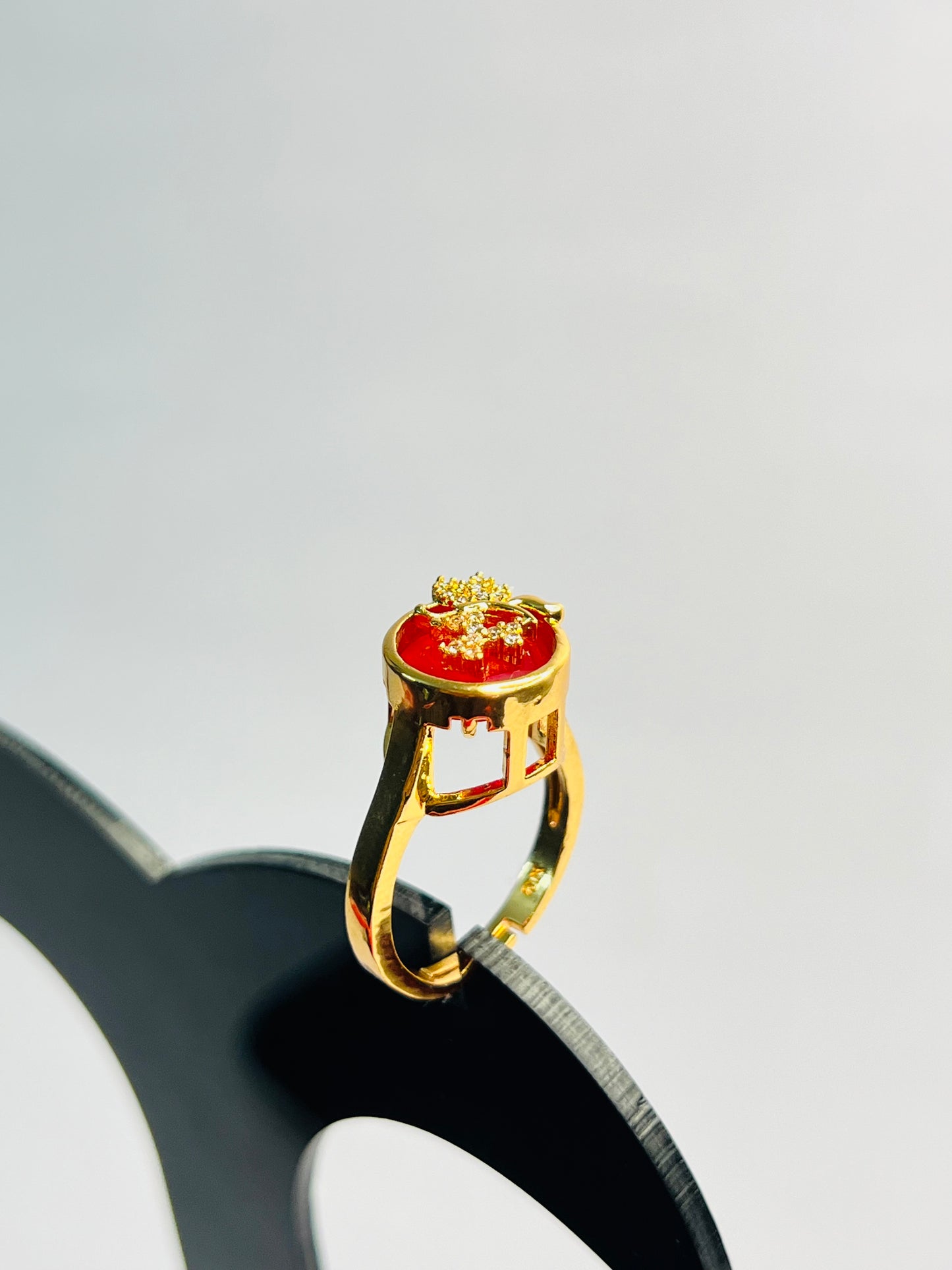 JEWELMA Gold Floral Ring with Red Ruby