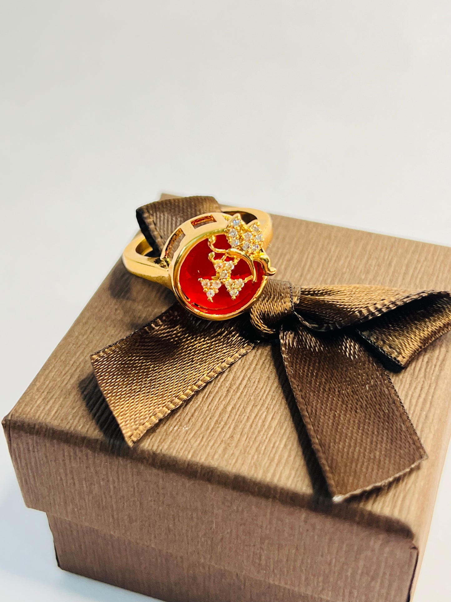 JEWELMA Gold Floral Ring with Red Ruby